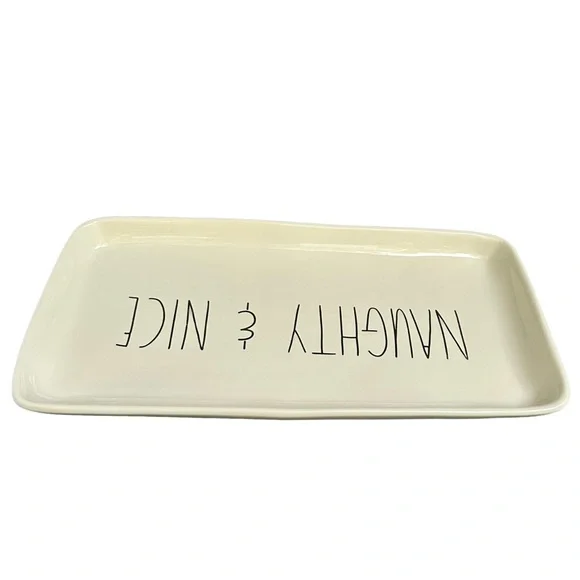 Rae Dunn Christmas Platter NAUGHTY & NICE White Black Long Letters NWT 2017 OG - Picture 8 of 16